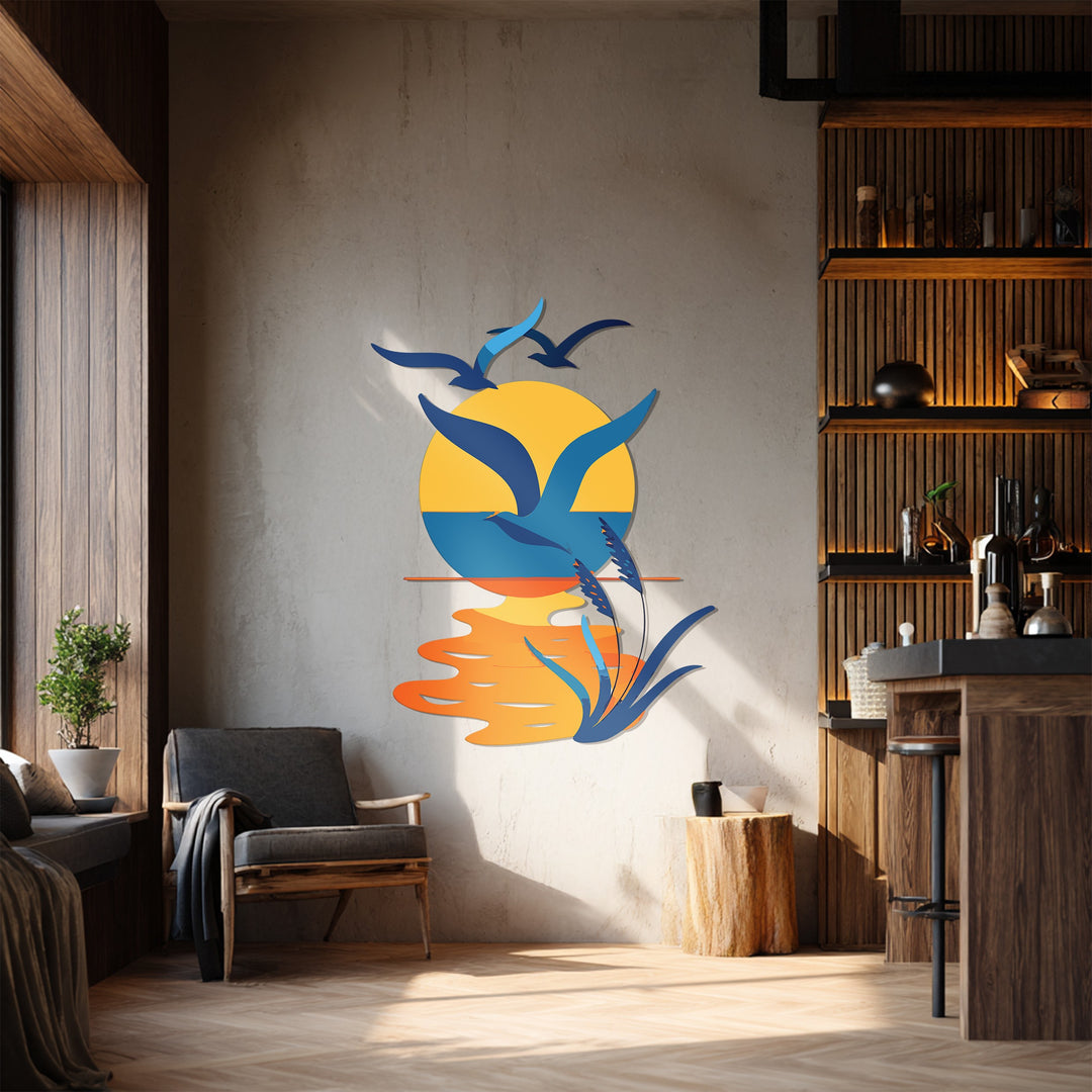 Seaside Harmony Metal Wall Art – Sunset & Flying Birds Design