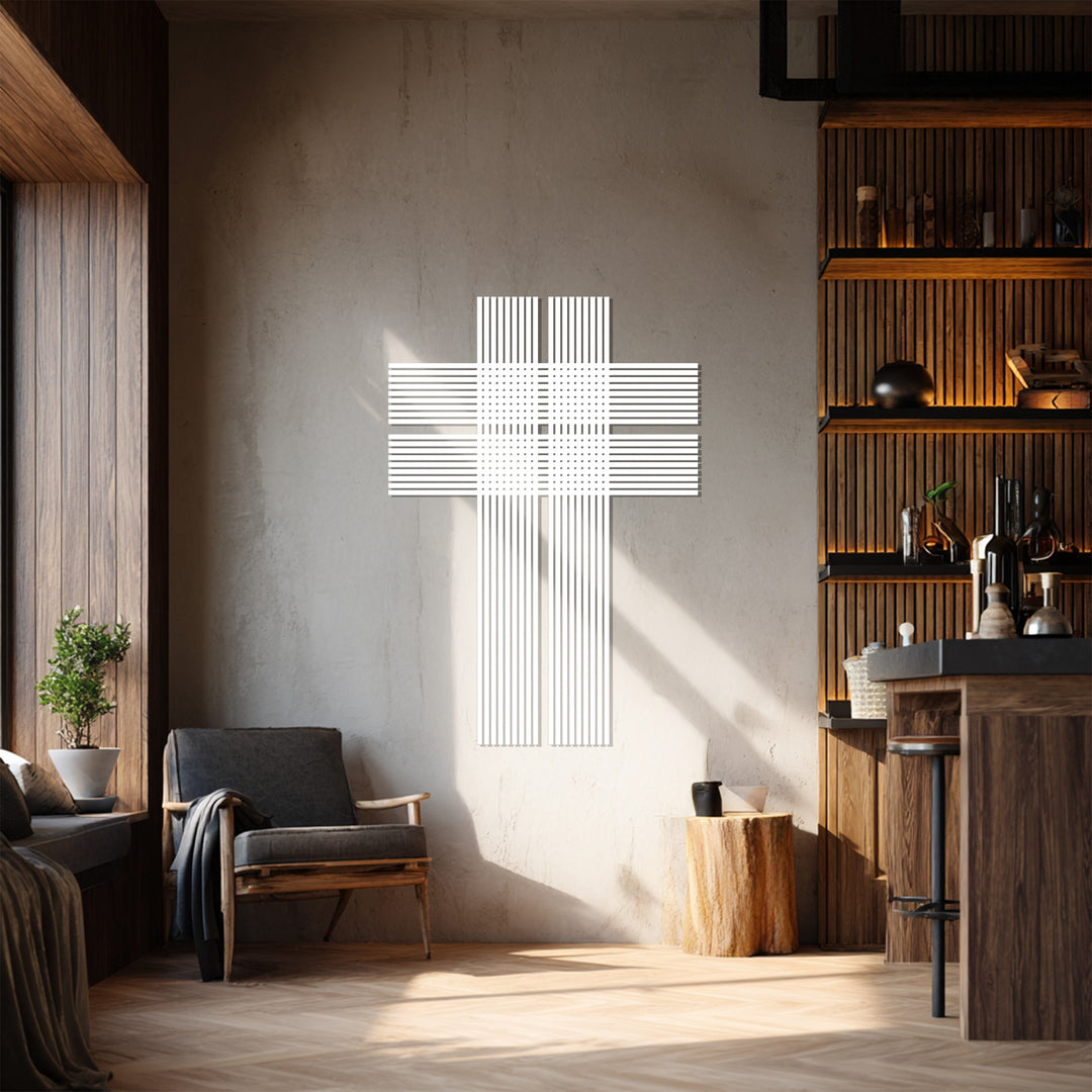 التوازن السماوي – صليب فضي خطي فن جداري معدني