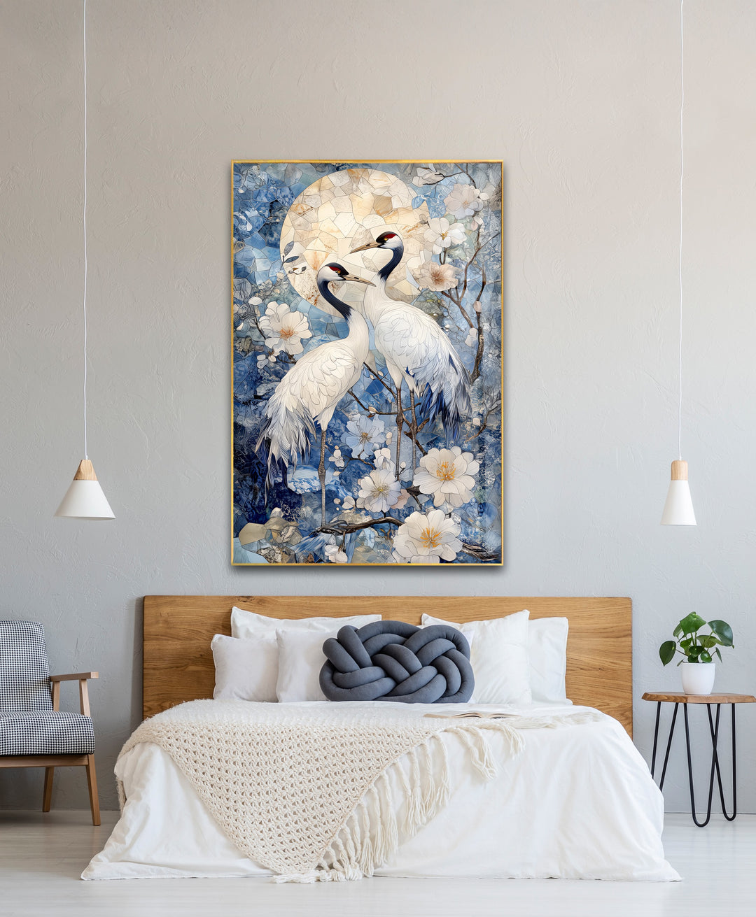 Moonlit Cranes – Elegant Nature Scene Glass Wall Art