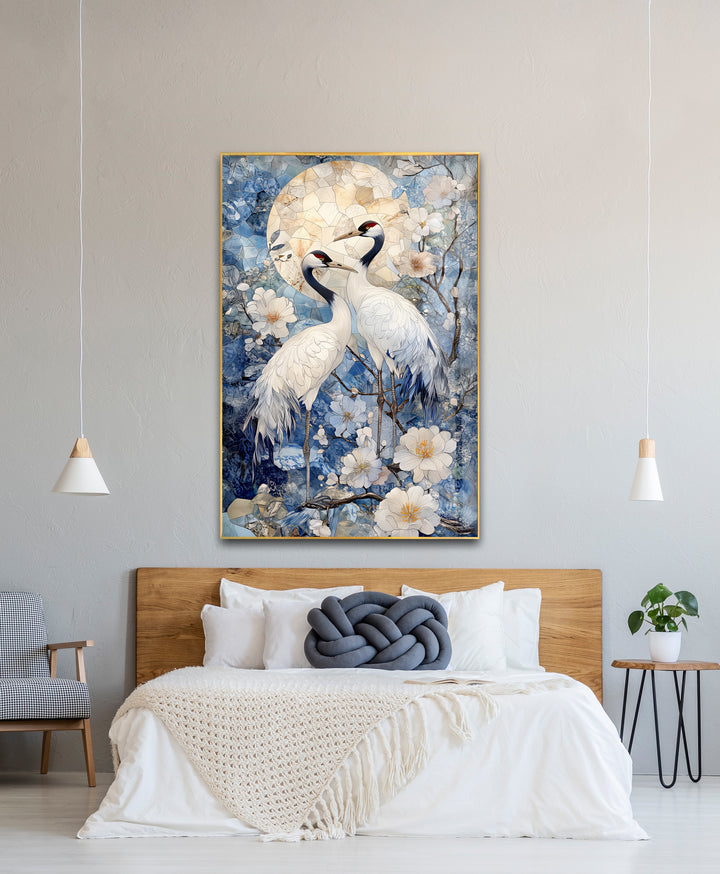 Moonlit Cranes – Elegant Nature Scene Glass Wall Art