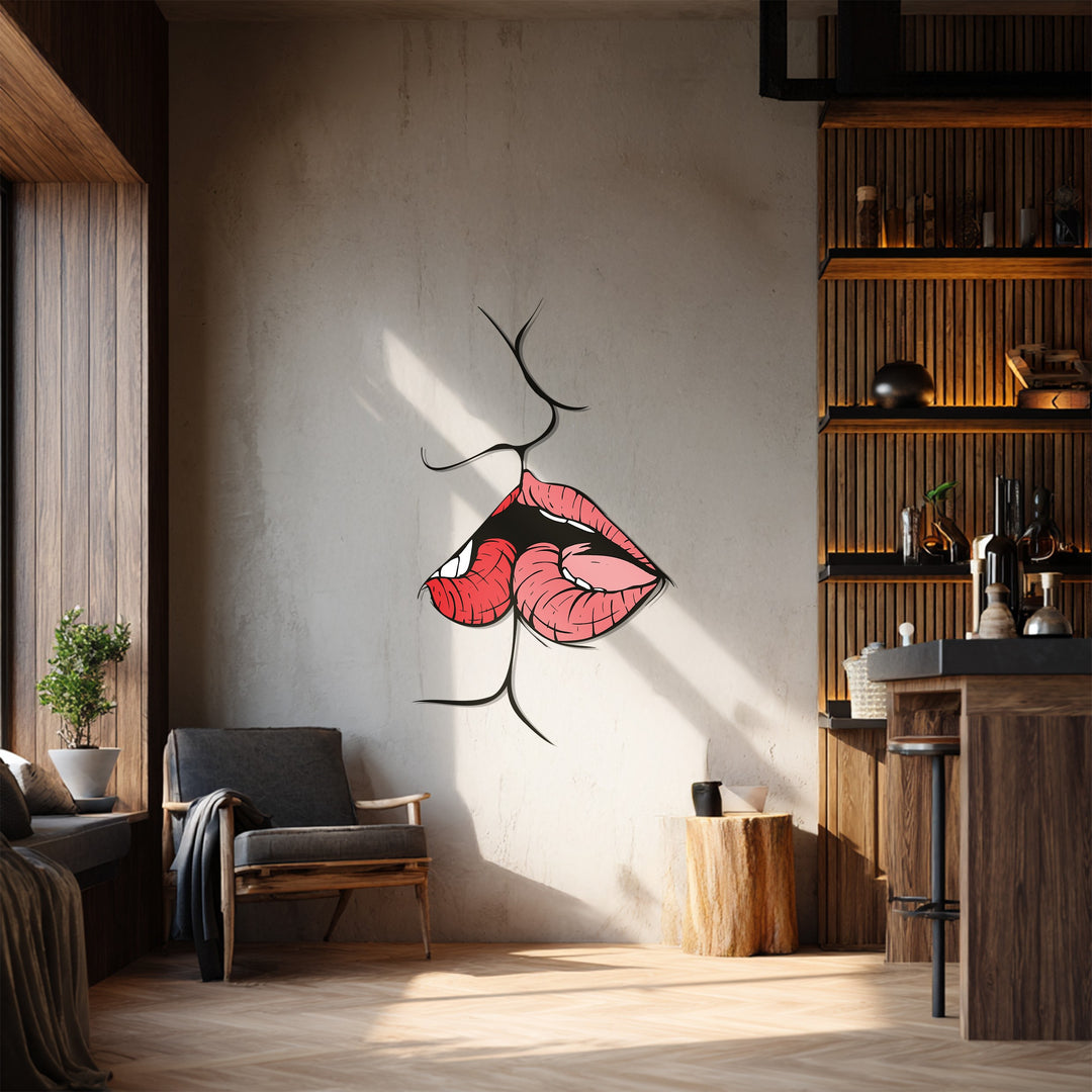 Bold red lips metal wall art symbolizing passion and love