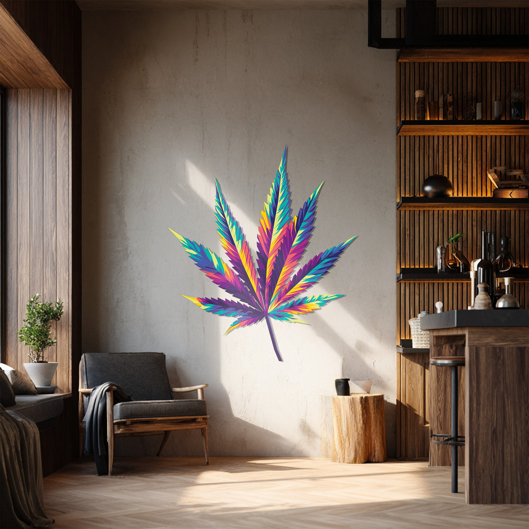 Sunlight illuminates the wooden floor in the foreground, framing a colorful cannabis leaf metal artwork hanging above a rustic wooden stool.