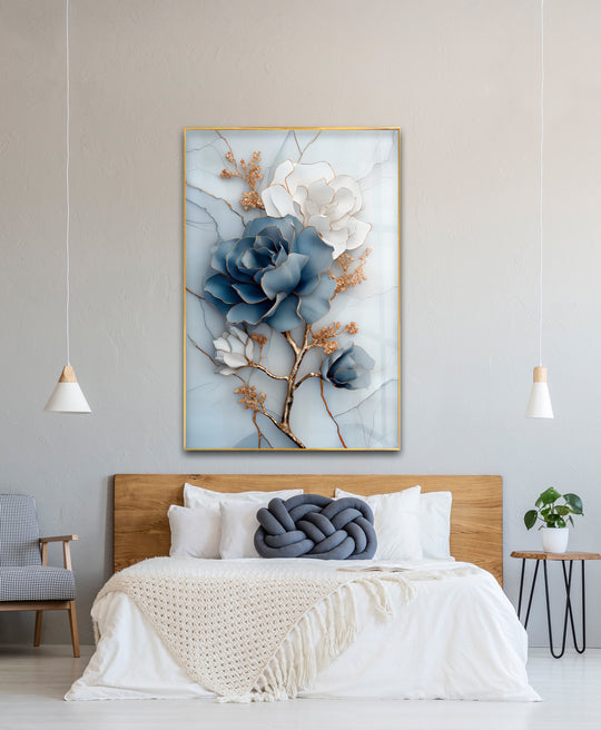 Blue Bloom Harmony – Elegant Floral Glass Wall Art