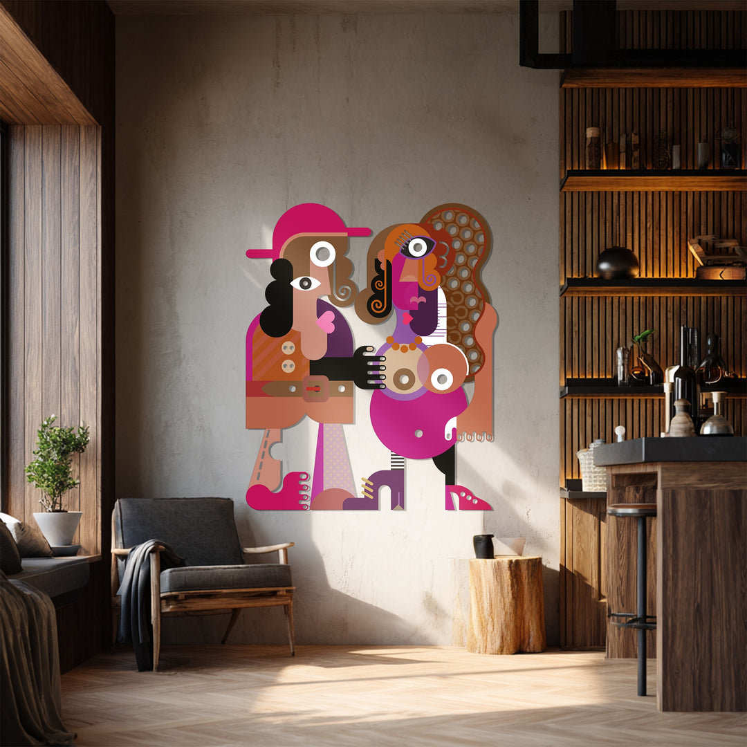 Abstract Couple Metal Wall Art – Colorful Modern Cubist Home Decor