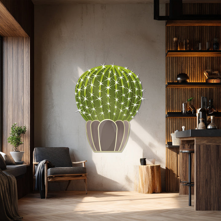 The visual rhythm of the Prickly Sphere Cactus metal art for wall is achieved through the symmetrical arrangement of its spines and the patterned shadows around it.