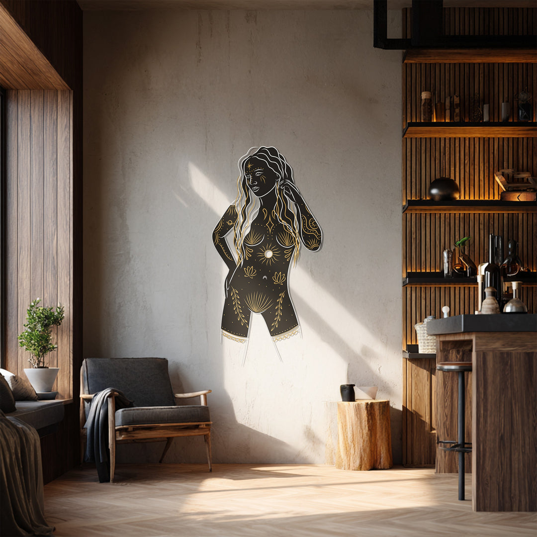 Empowering celestial-themed feminine metal wall decor