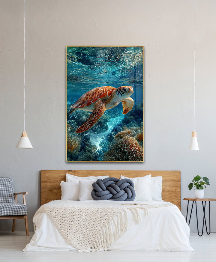 Graceful Voyager – Sea Turtle Underwater Glass Wall Art