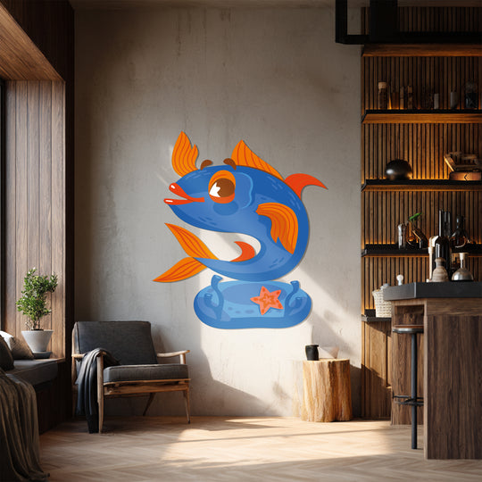 Alternating curves and angles in this playful blue fish metal artwork bring a captivating visual rhythm to this ocean-inspired home decor piece.