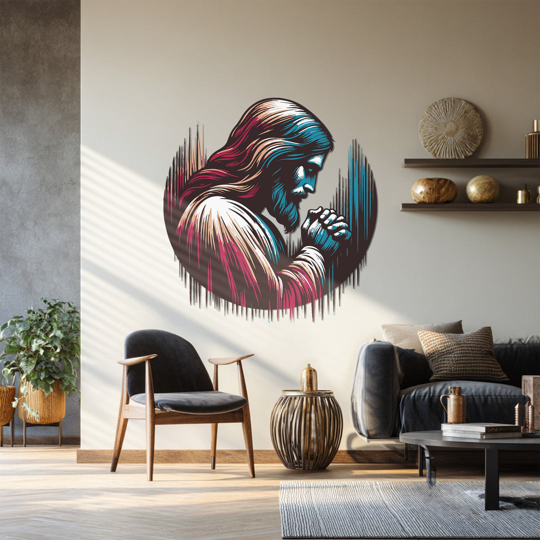 Modern faith-based metal wall sculpture with soft colored tones