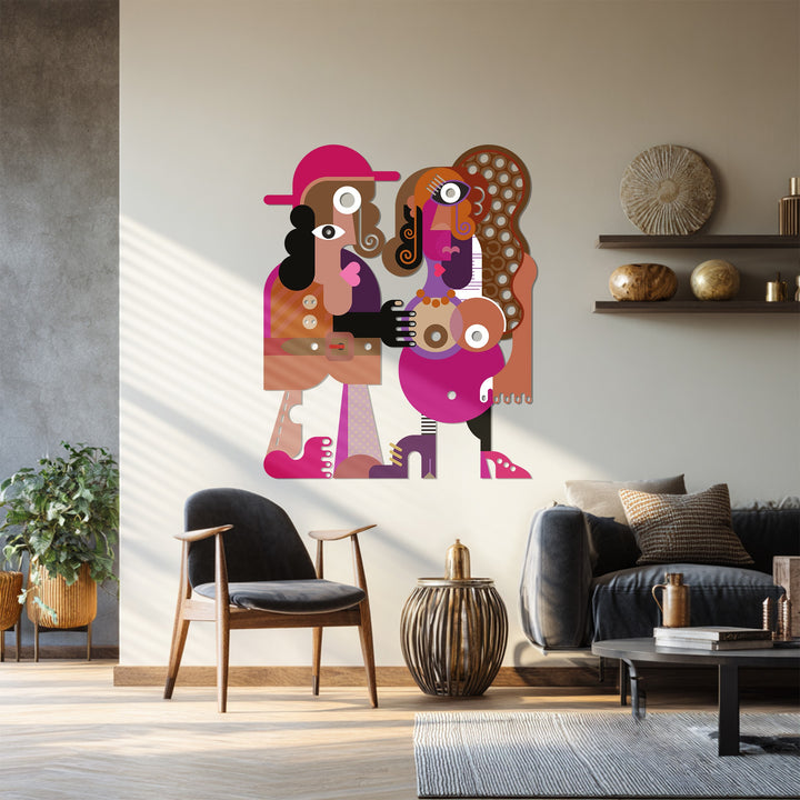 Colorful artistic couple metal sculpture for contemporary homes