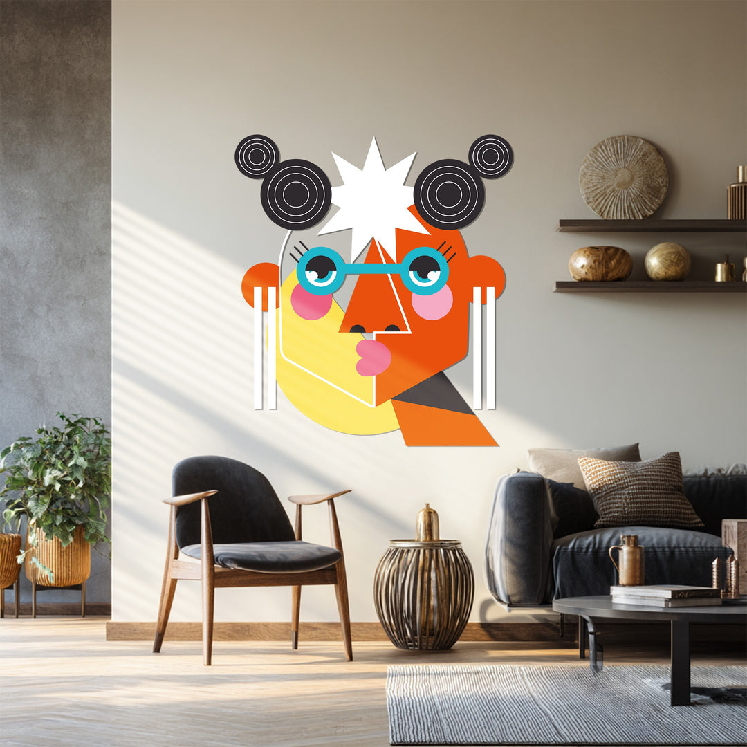 Colorful abstract female metal wall sculpture for modern interiors