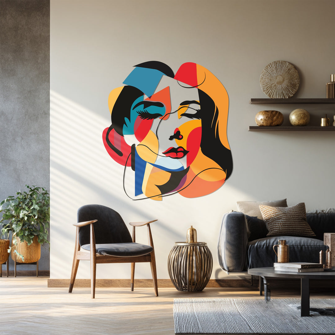 Artistic metal wall sculpture featuring abstract female portrait