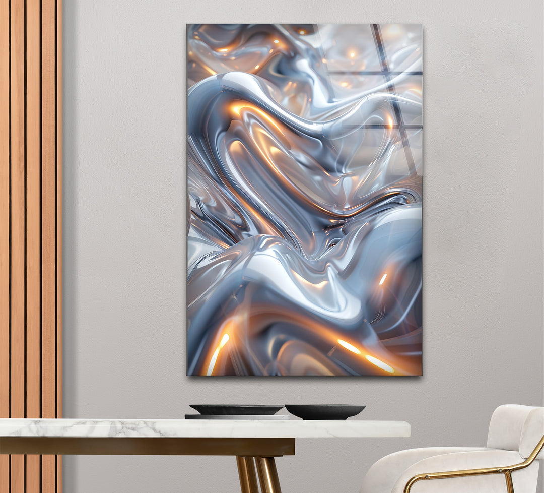 Ethereal Silver Glow – Abstract Fluid Metal Design Glass Wall Art
