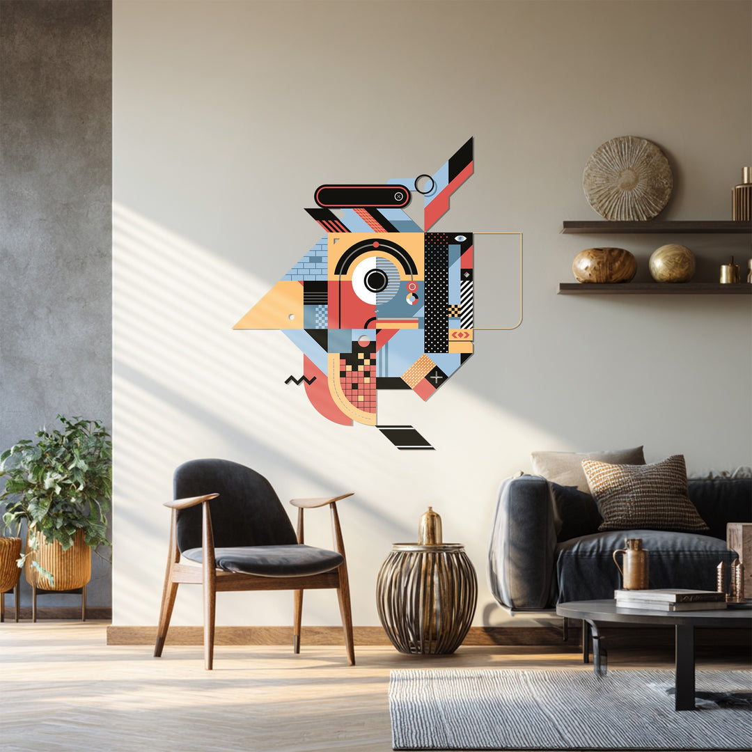 Multicolor geometric bird metal sculpture for modern interiors
