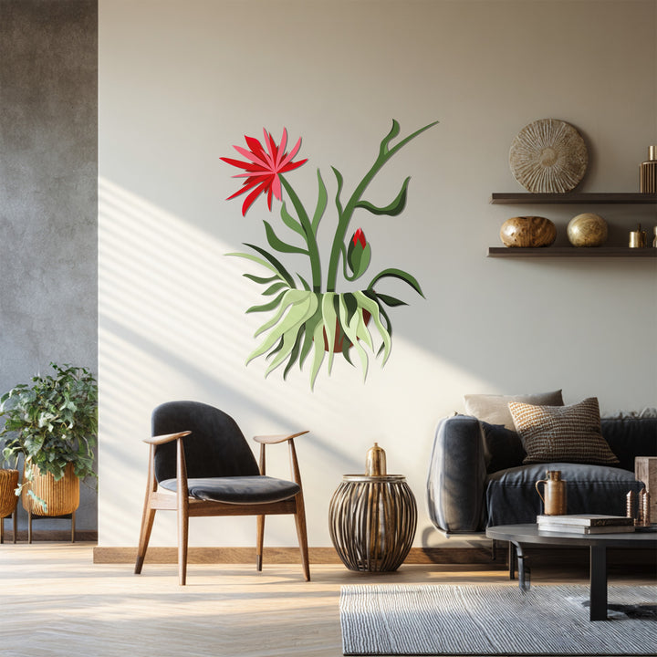 The gradient between vibrant red and lush green emphasizes the depth and artistry of this botanical decoration wall art, a striking metal wall art piece ideal for home decoration.