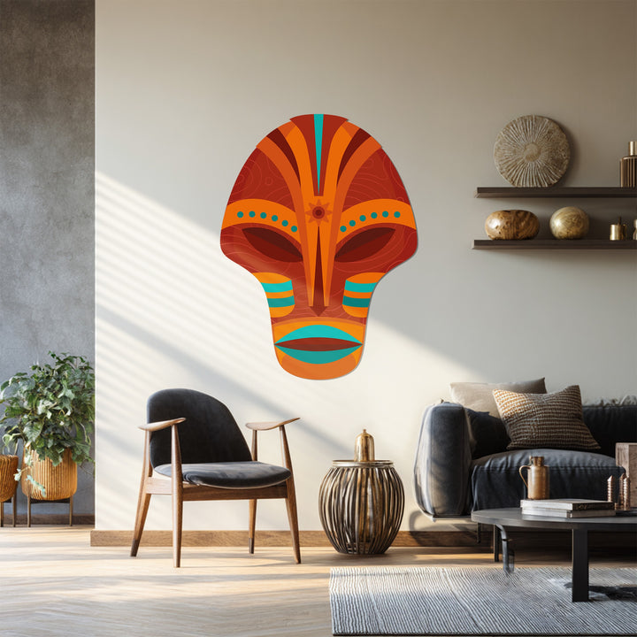 Orange turquoise tribal mask metal artwork