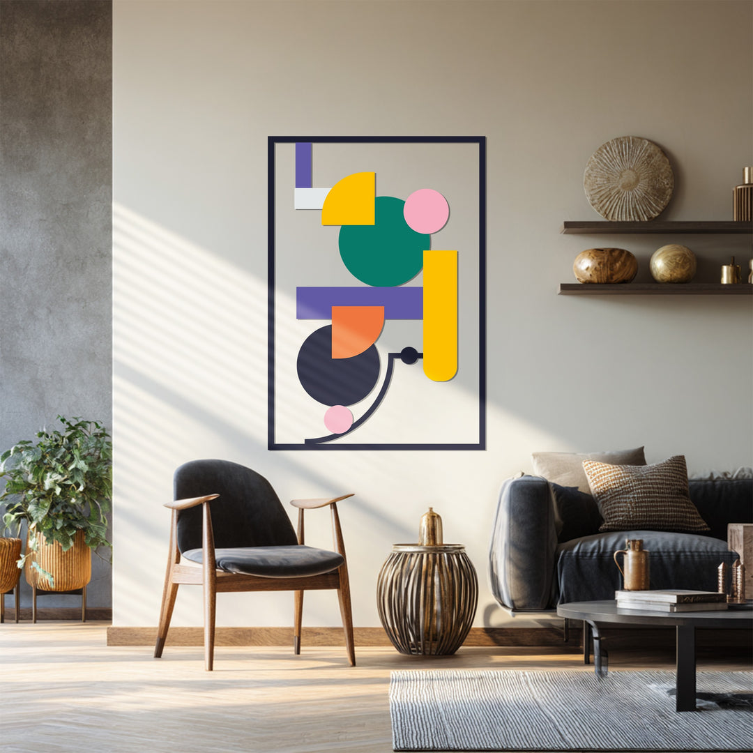 Geometric abstract metal wall sculpture with bold tones