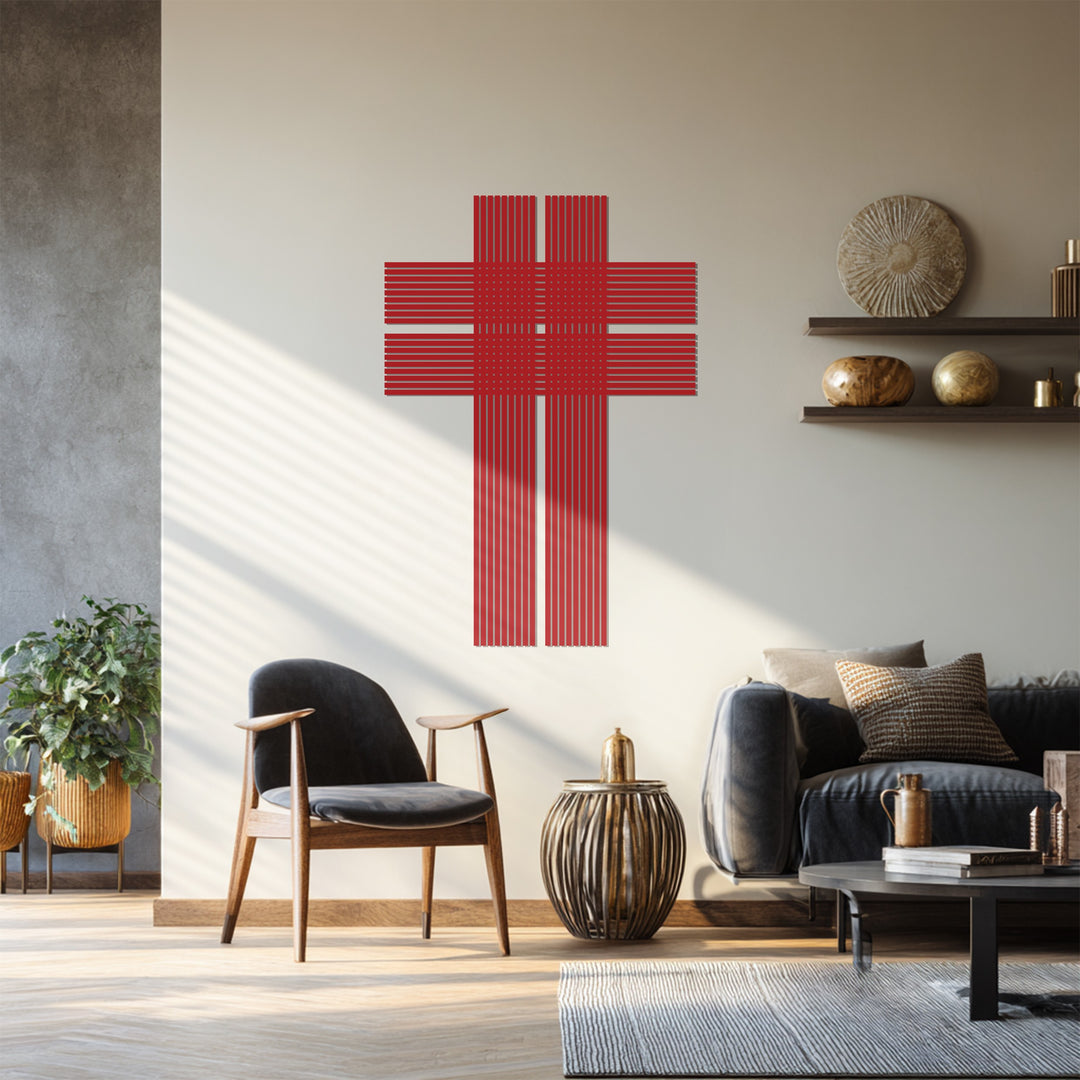 التوازن السماوي – صليب فضي خطي فن جداري معدني