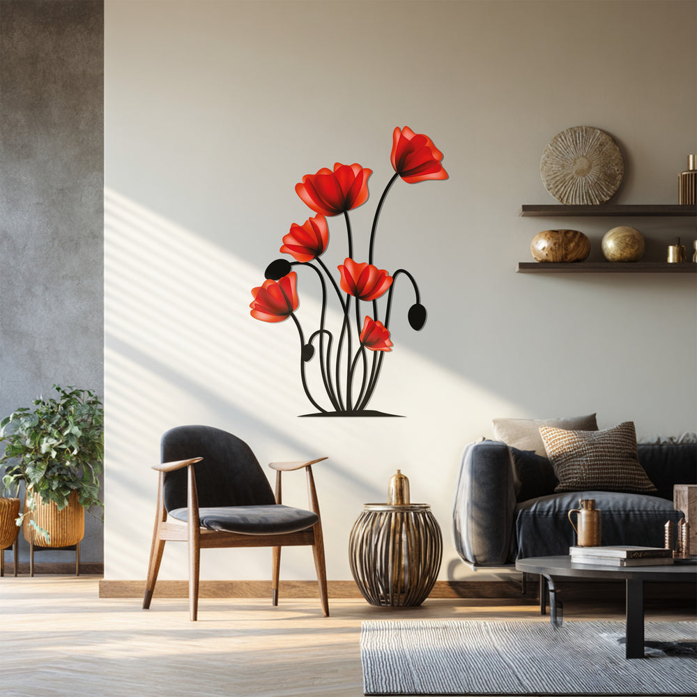 Handcrafted metal artwork featuring exquisitely detailed red poppy flowers is apparent in this botanical wall decor, showcasing exceptional material quality and modern design.