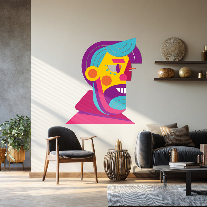 Pop art-inspired metal wall sculpture with bold colors