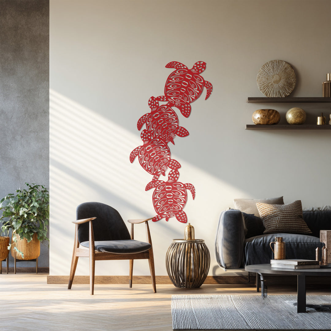 Four swimming turtles metal wall art design