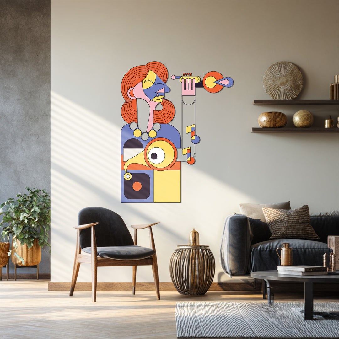 Cubist Woman with Trumpet Metal Wall Art – Abstract Musical Expression Decor