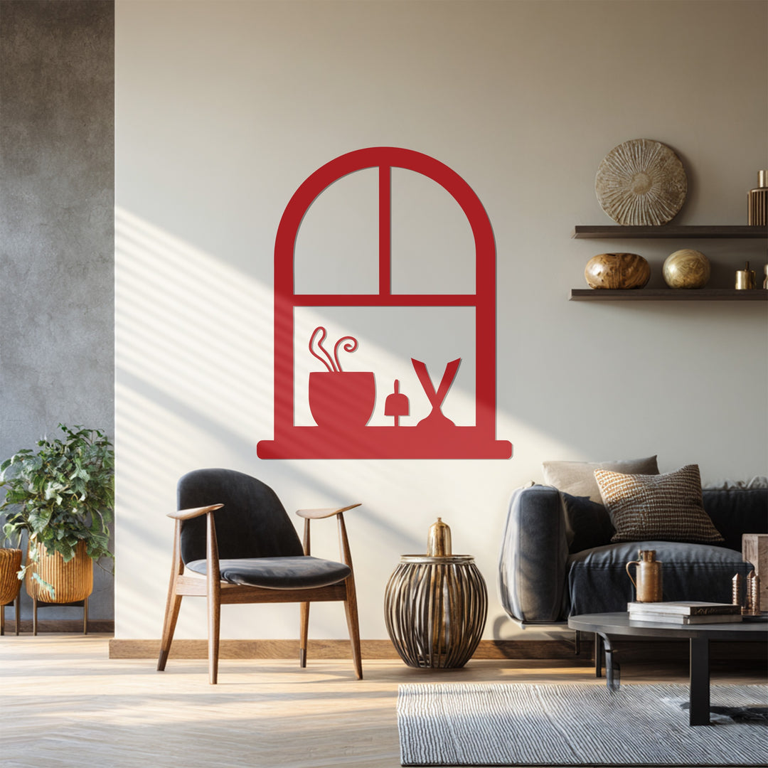 Arched Window Frame with Potted Plant – Minimalist Metal Wall Art Decor