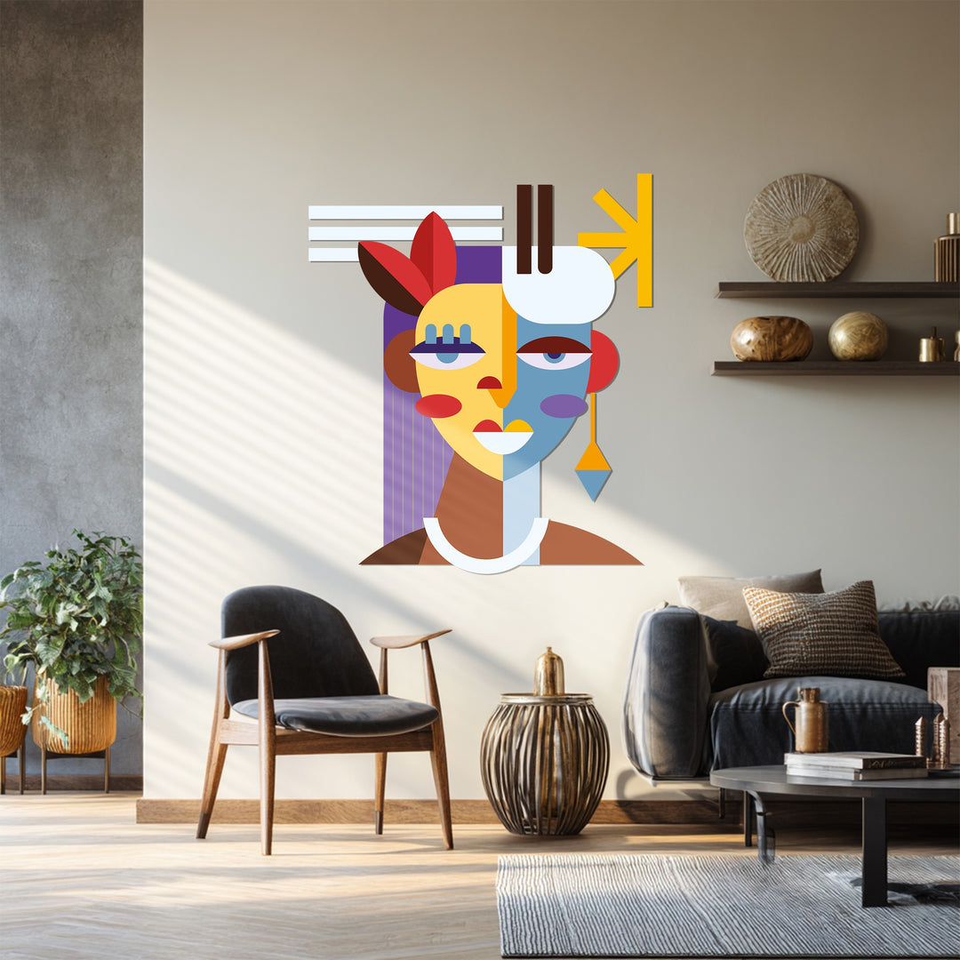 Picasso-inspired metal wall artwork featuring abstract woman face