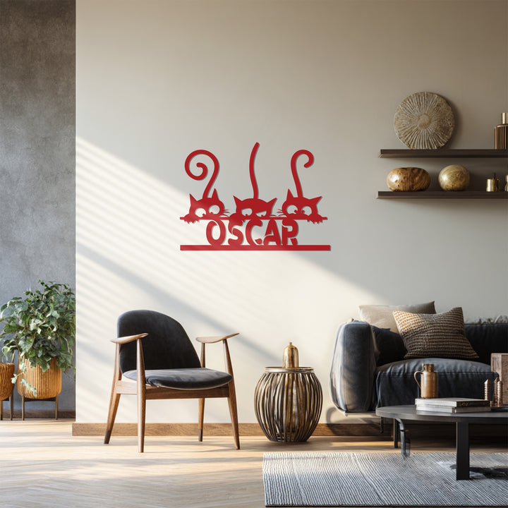 Modern black metal wall art with cats and name