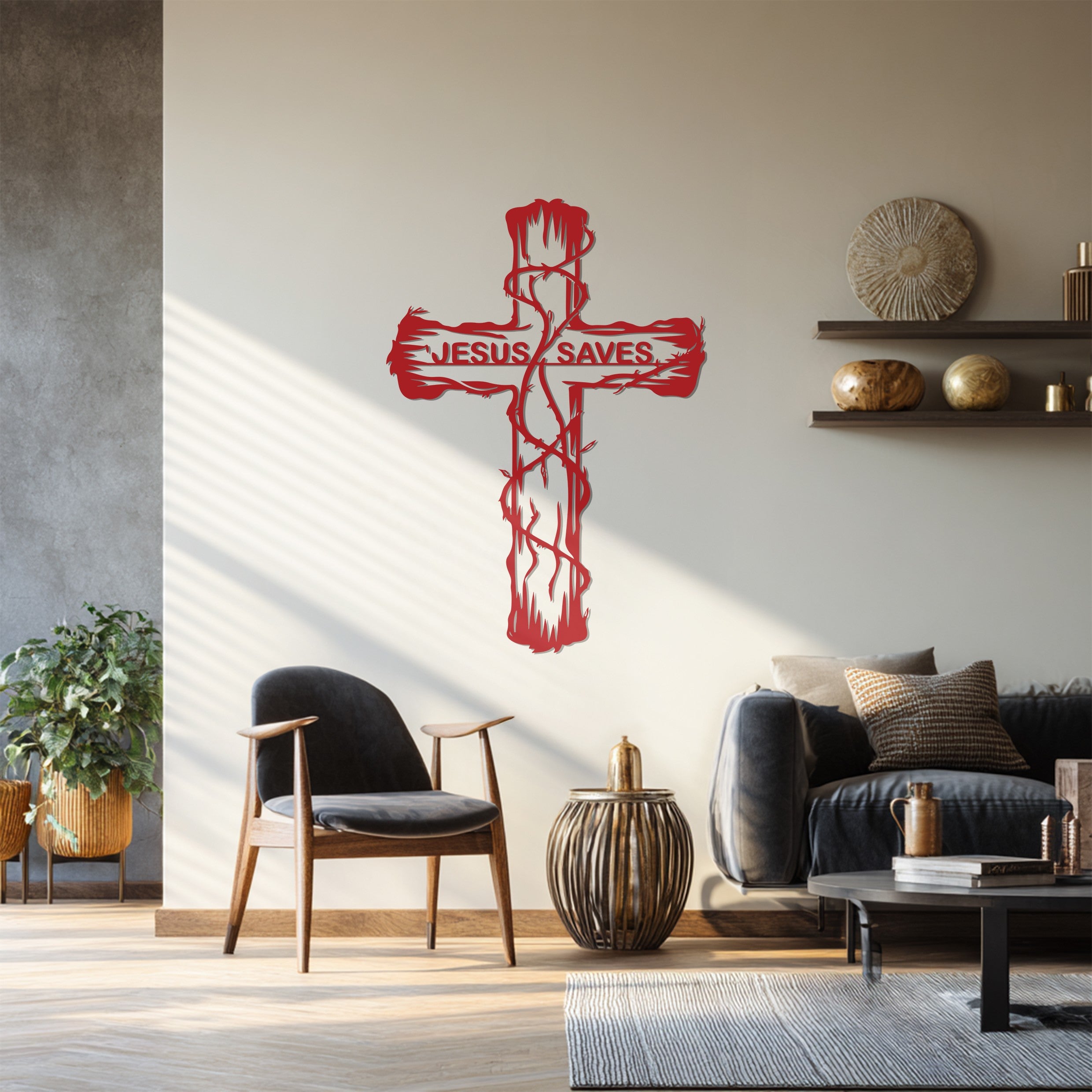 Jesus Saves Cross Metal Wall Art – Christian Faith Home Décor