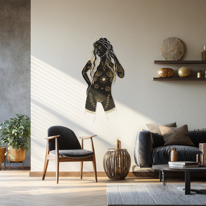 Modern mystical woman metal wall art with golden motifs