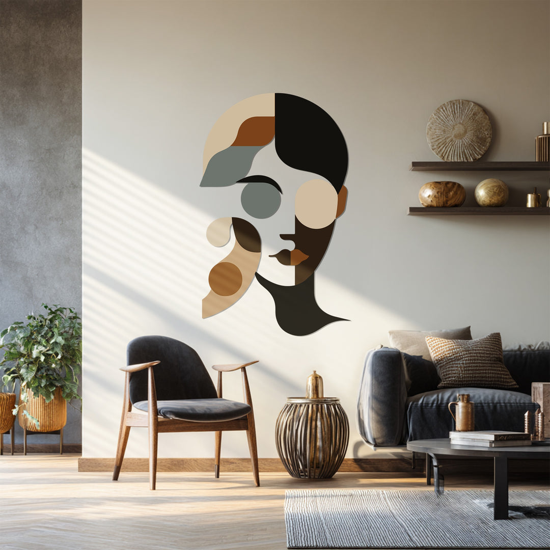 Minimalist neutral tone metal wall art featuring abstract geometric portrait