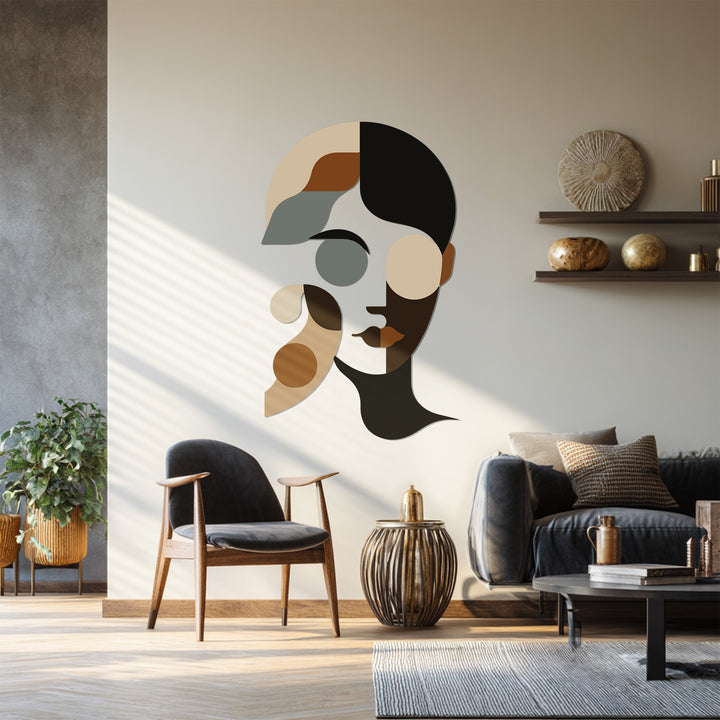 Minimalist neutral tone metal wall art featuring abstract geometric portrait