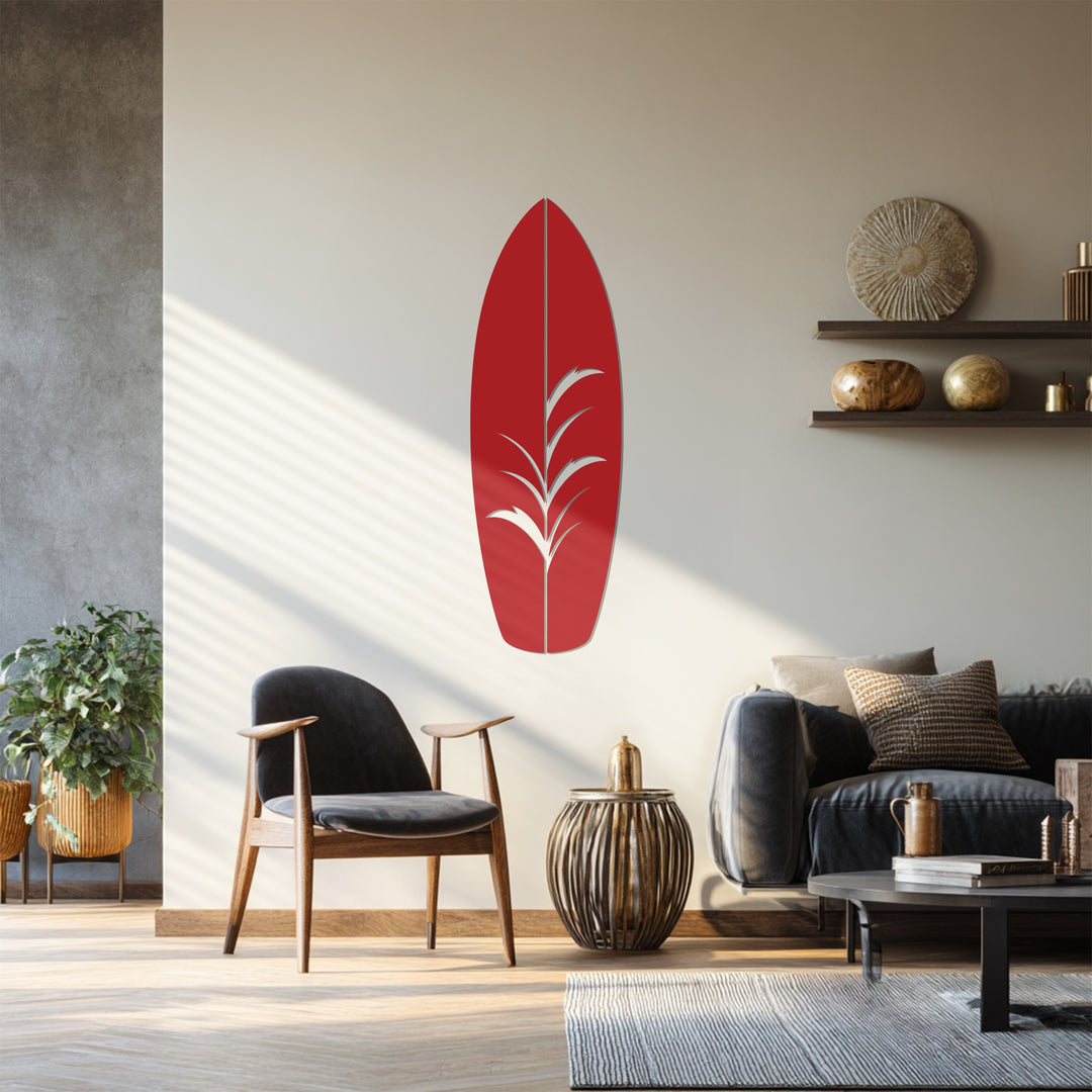Minimalist surfboard metal art for beach homes