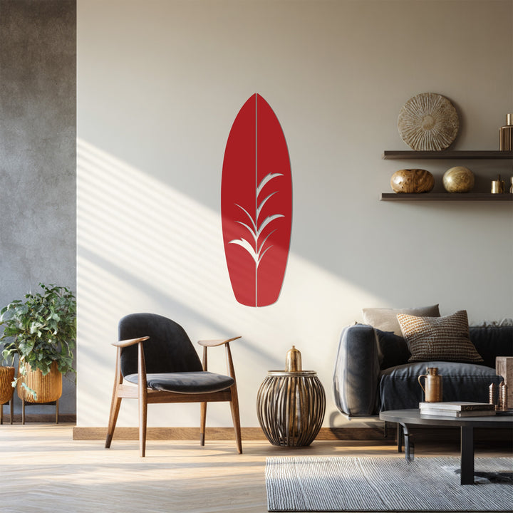 Minimalist surfboard metal art for beach homes
