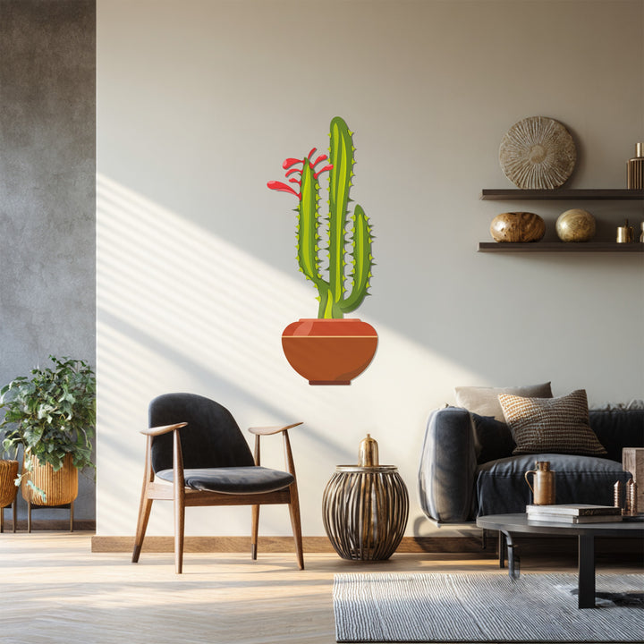 Neutral-toned plaster and beige walls, paired with a warm wood floor, establish a serene backdrop for the unique metal wall art of a twin column cactus.
