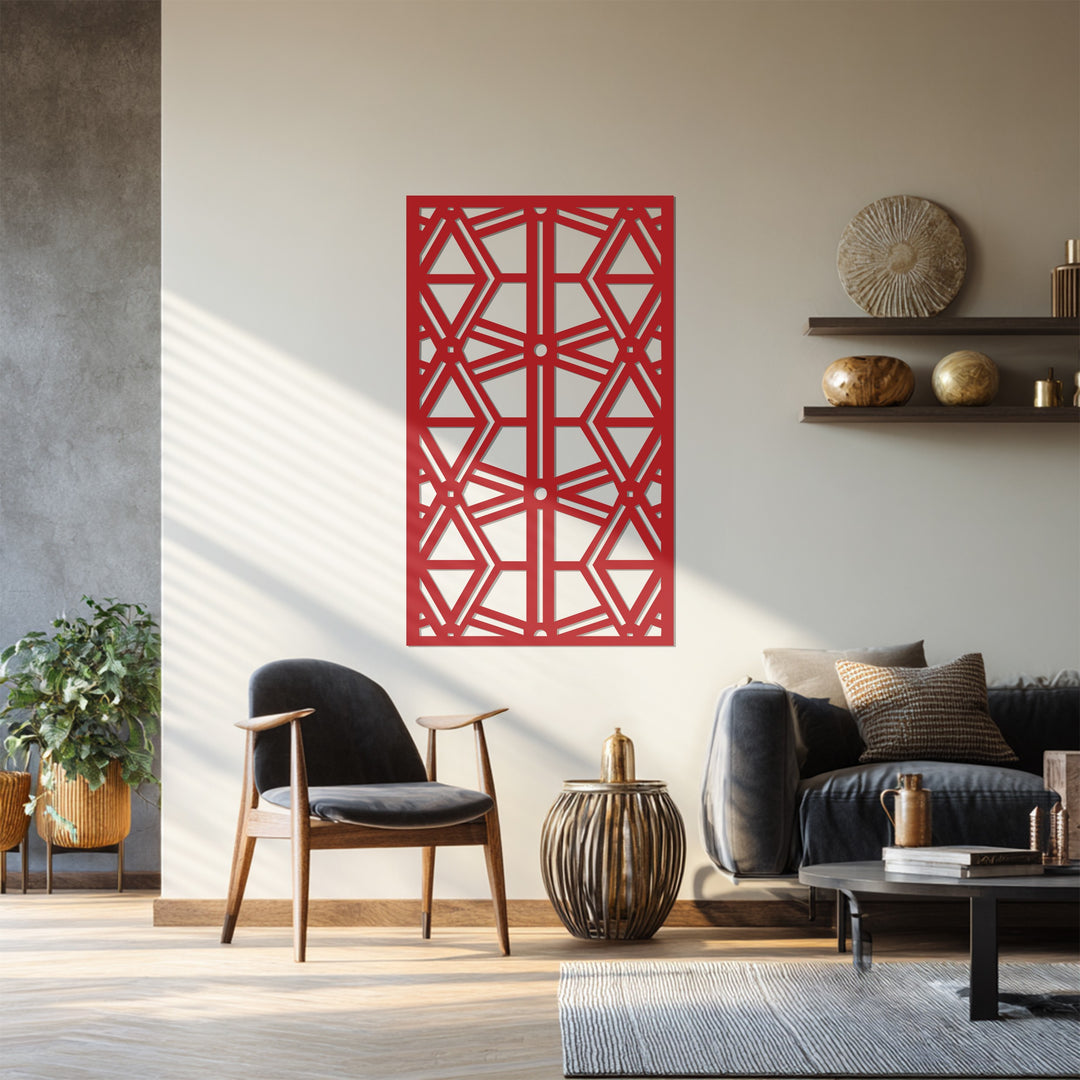 Decorative black metal artwork with bold hexagonal symmetry