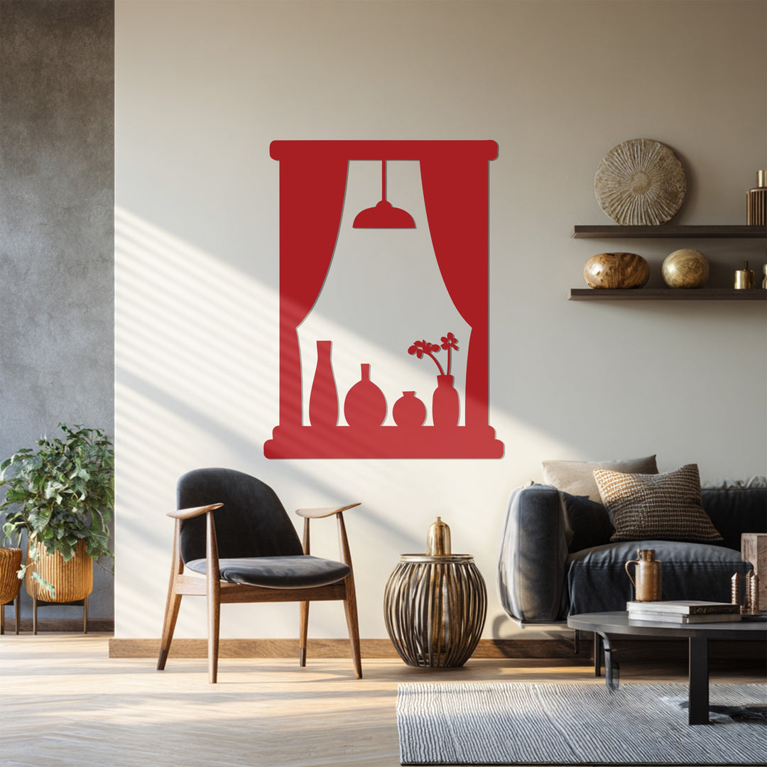 Window Scene with Vases and Lamp – Modern Metal Wall Art Decor