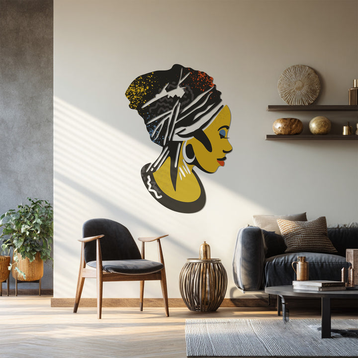 Elegant tribal-inspired metal wall decor featuring African woman