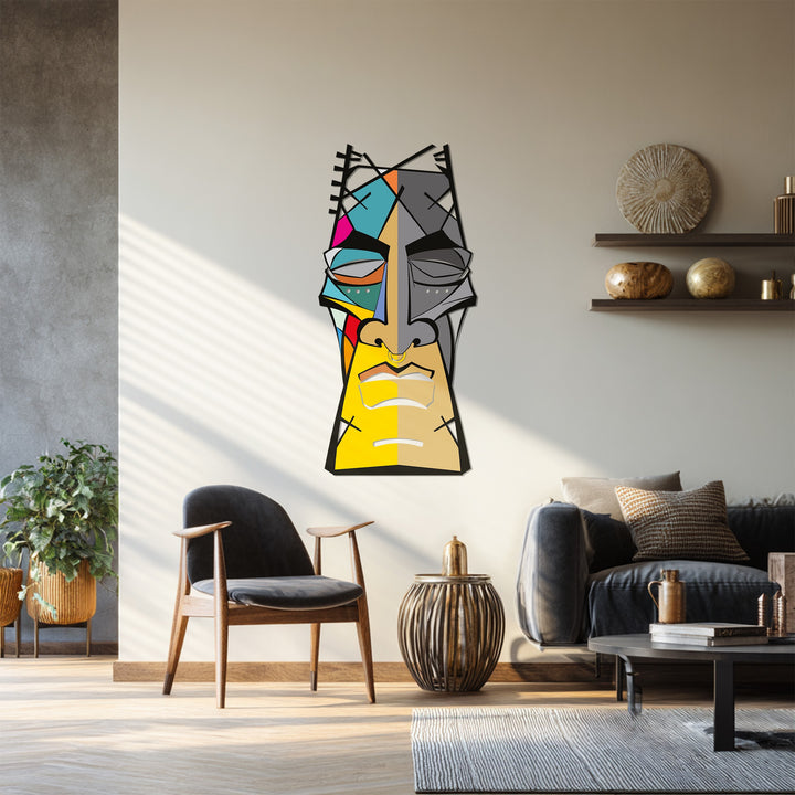 Artistic tribal mask metal wall art with contemporary cubist design