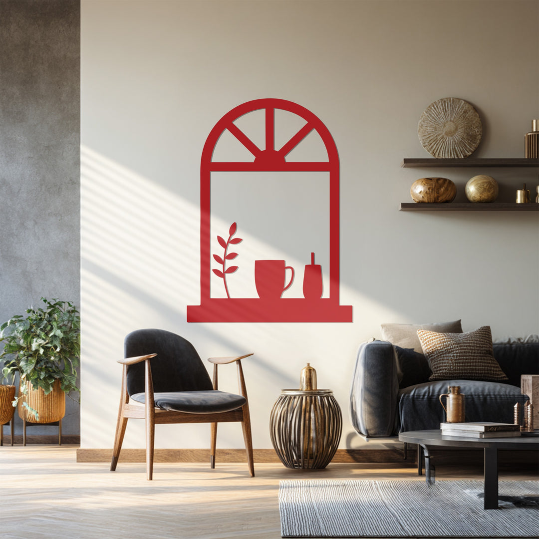 Cozy Window Scene – Coffee Mug & Plant Metal Wall Art