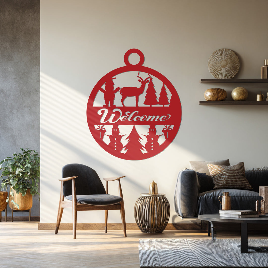 ترحيب احتفالي – غزال عيد الميلاد ورجل الثلج فن جداري معدني