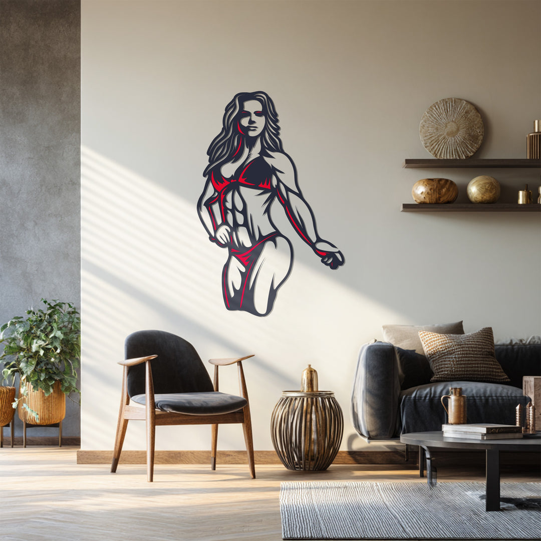 Athletic woman metal sculpture for home gym or fitness interior