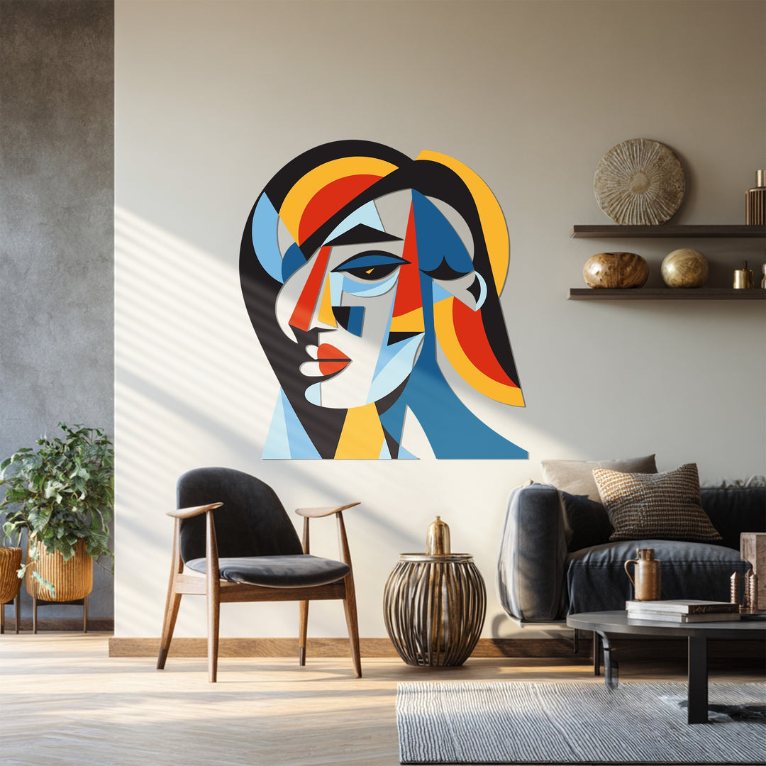 Contemporary colorful cubist metal wall art — modern abstract face décor for living room walls