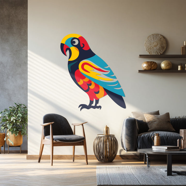 Multicolor parrot metal sculpture with geometric feather details