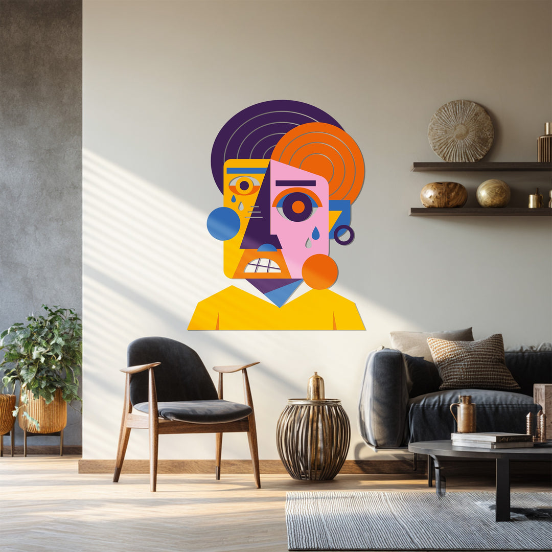 Contemporary colorful face metal wall sculpture for interiors