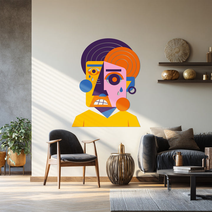 Contemporary colorful face metal wall sculpture for interiors