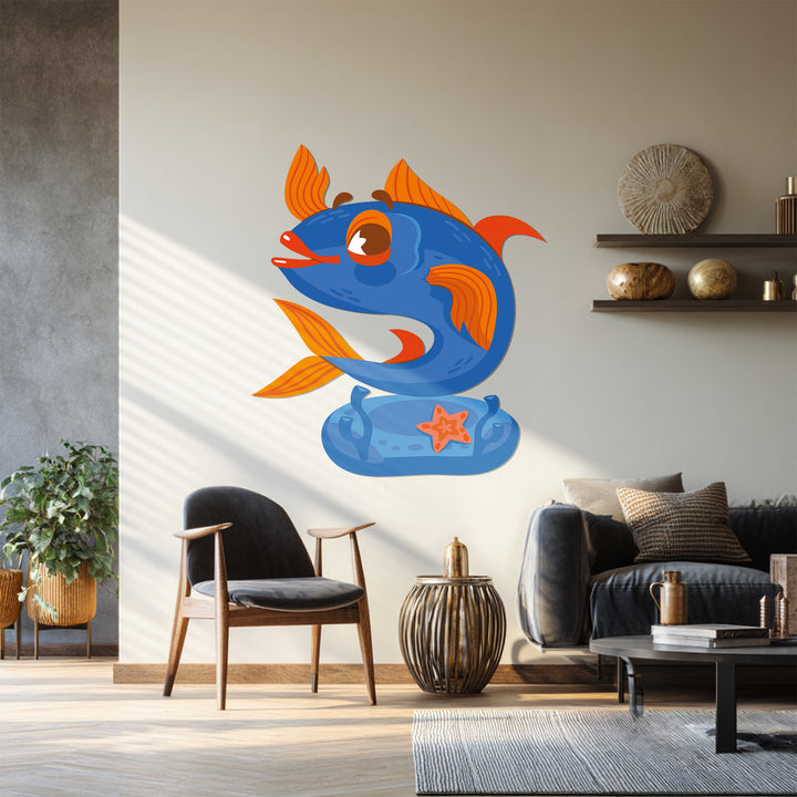 Cartoon-inspired ocean blue fish wall sculpture for kids room