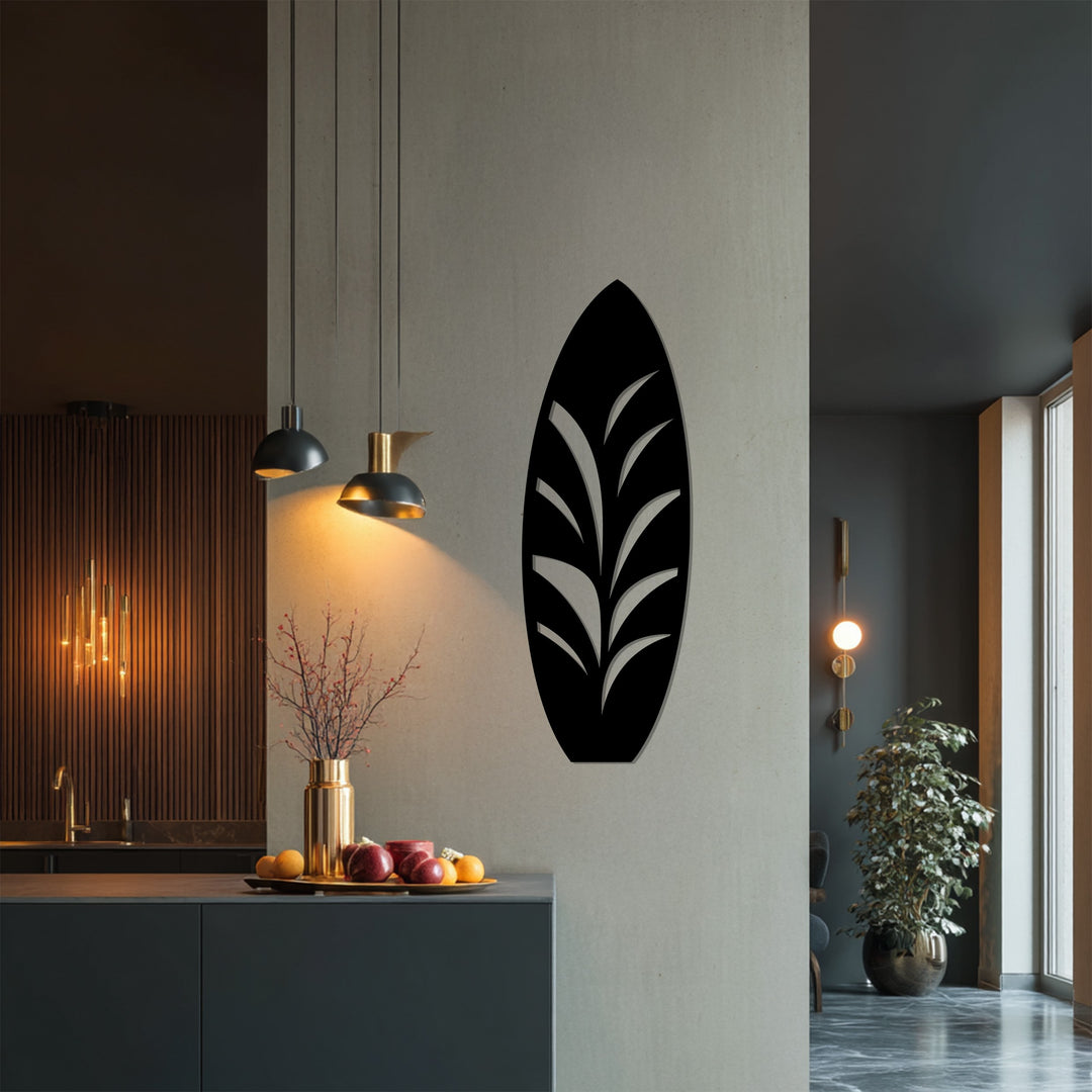 Black Surfboard Metal Wall Art – Tropical Leaf Design Coastal Decor