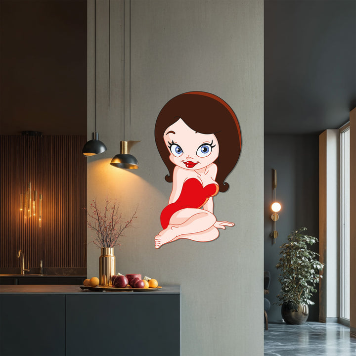 Red dress cartoon woman metal artwork for wall decoration